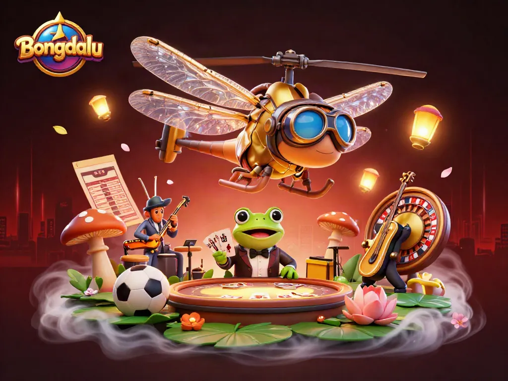 Bongdalu enhances the gaming experience with a vibrant scene featuring dragonfly pilot and frog croupier among sports elements.