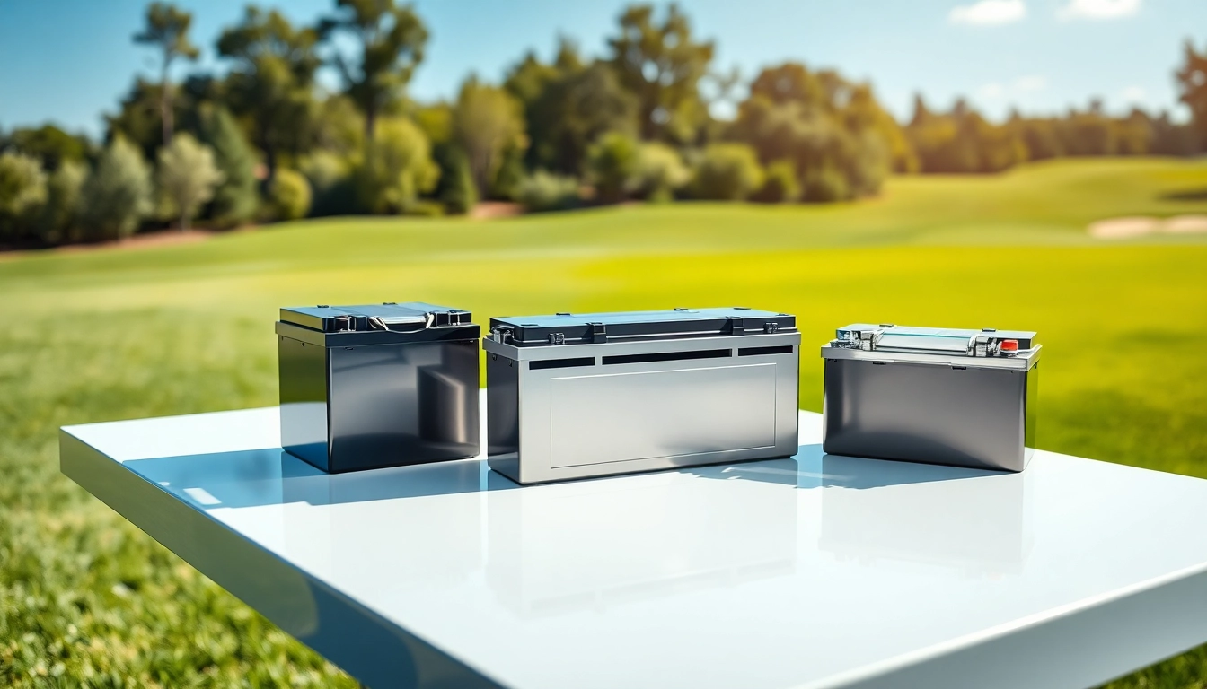 Showcase of lithium golf cart batteries highlighting their features and efficiency on a sunny golf course.