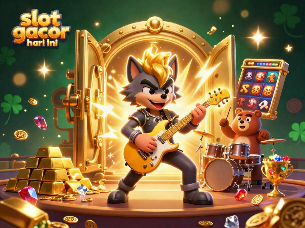Spin to win with slot gacor hari ini as a rock star wolf performs on stage surrounded by treasures.