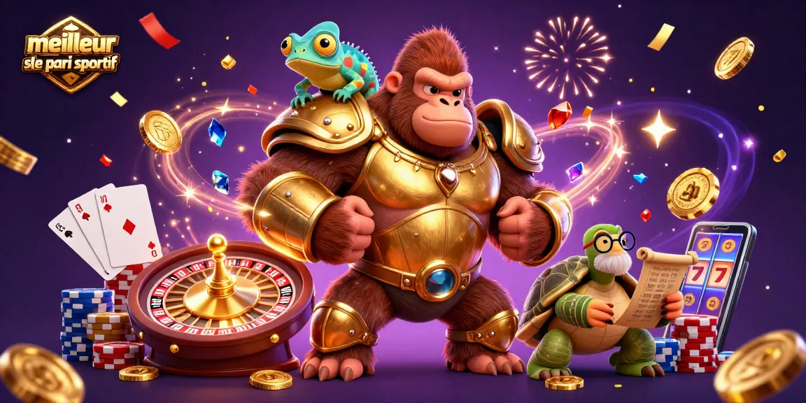 Illustration animée du meilleur site de pari sportif avec un gorille, un caméléon et une tortue aux côtés d'éléments de jeu.