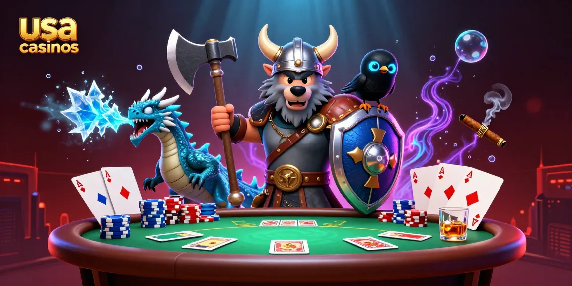 Engage with thrilling usa casinos featuring a Viking wolf warrior and poker elements.