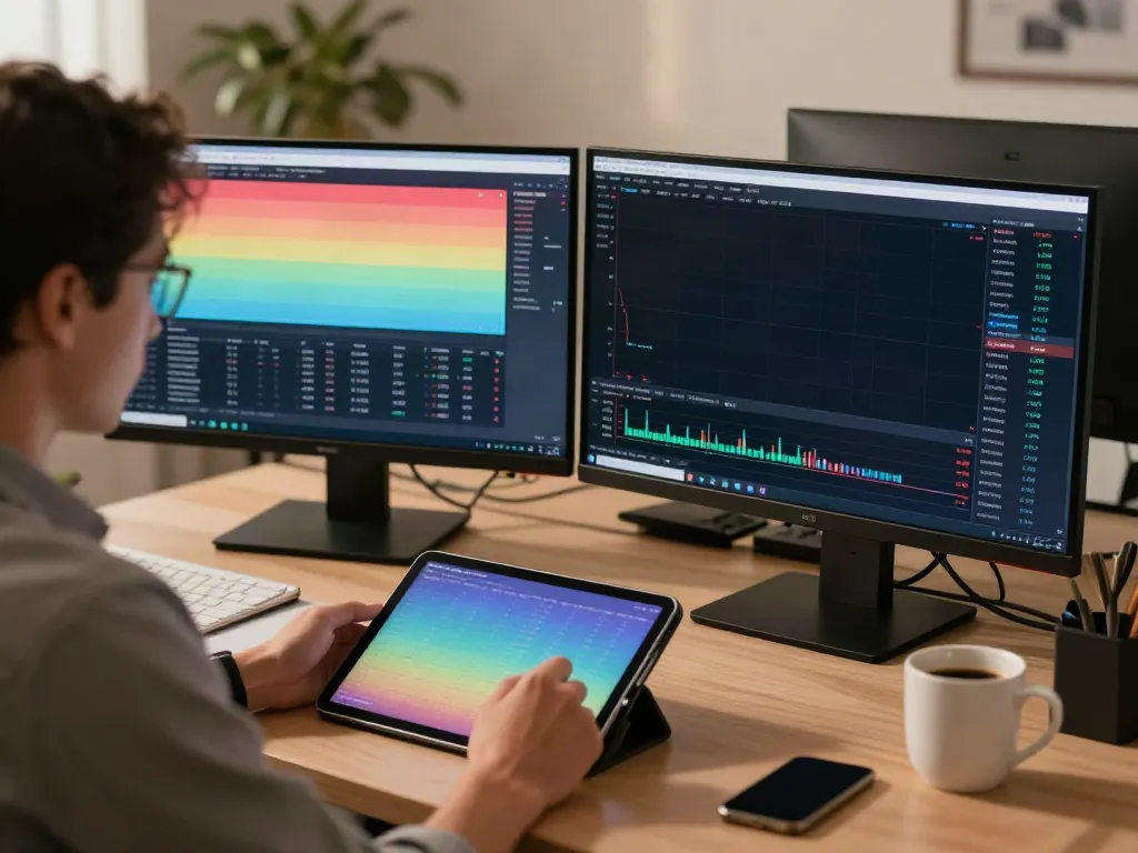Focused trader using MetaTrader 5 in a professional workspace with financial charts and news.