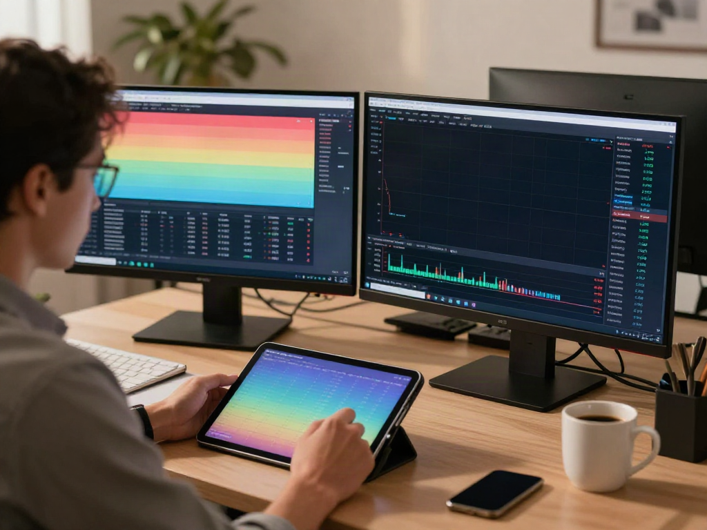 Focused trader using MetaTrader 5 in a professional workspace with financial charts and news.
