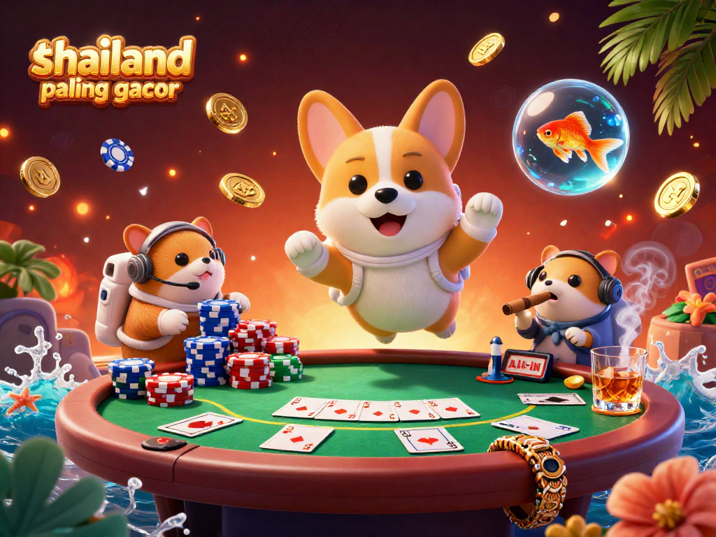 Spin slots in a vibrant casino scene featuring a cartoon corgi, showcasing slot thailand paling gacor in action.