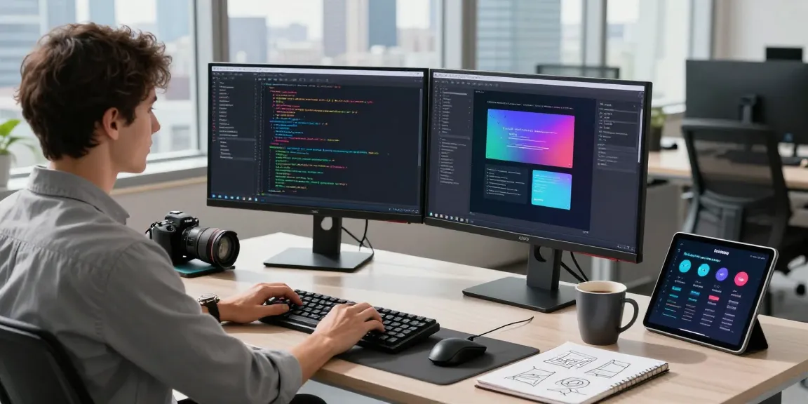 Dynamic tech workspace highlighting a developer using NAGA2000 technology with coding tools and modern office layout.