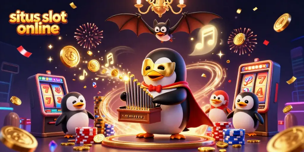 Experience excitement with situs slot online, featuring a vibrant 3D casino themed illustration of a penguin playing an organ and jackpot elements.