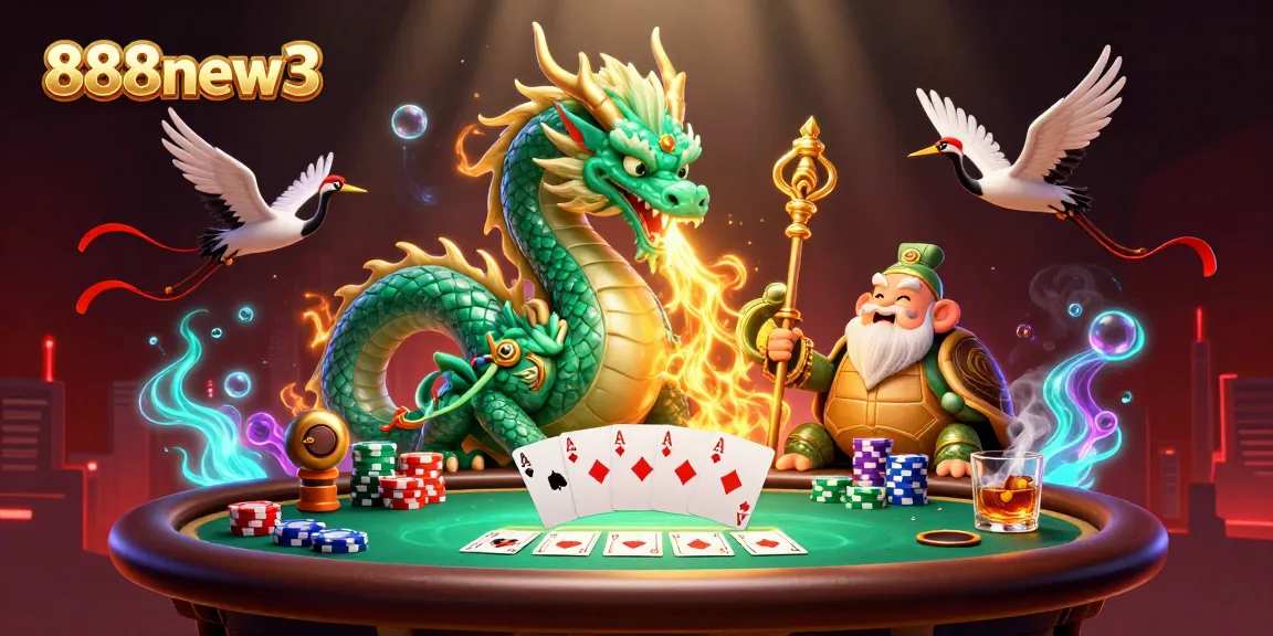 Experience thrilling gameplay with 888new3, featuring an emerald dragon, poker chips, and lively cranes.