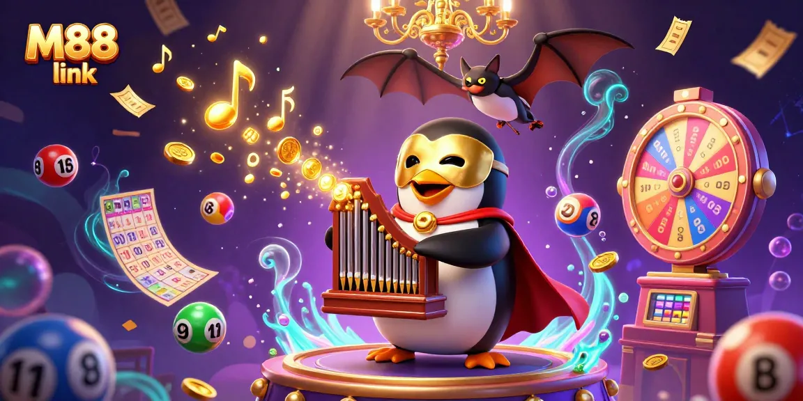 Experience festive gaming with M88 link as a penguin organist sends golden coins flying.