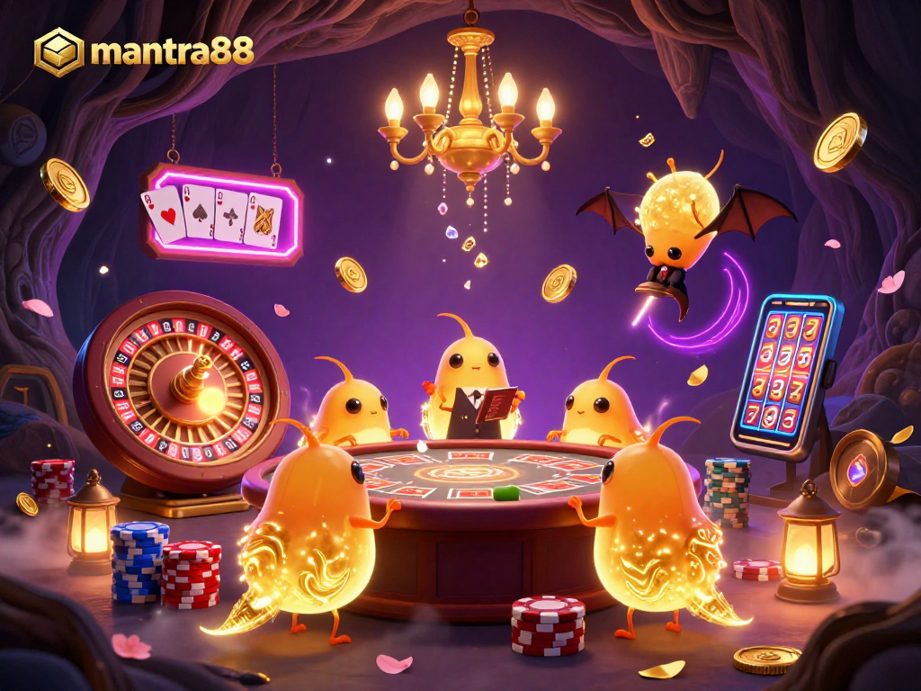 Experience the excitement at mantra88's virtual casino with luminescent glowworms and vibrant gameplay elements.