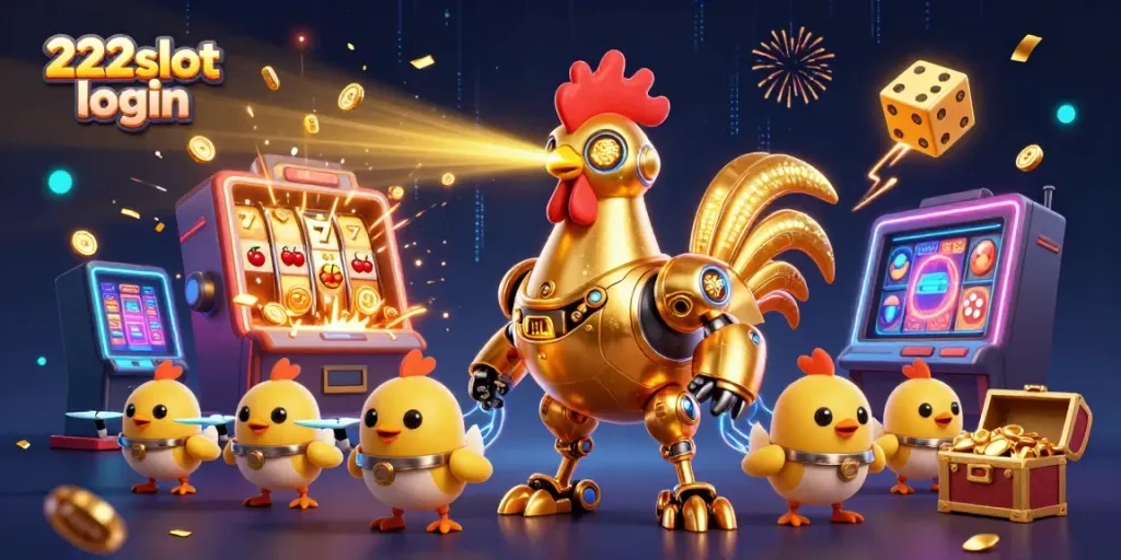 Ilustrasi 3D yang menarik untuk 222slot login, menampilkan robot ayam kencana dengan simbol slot dan harta karun.