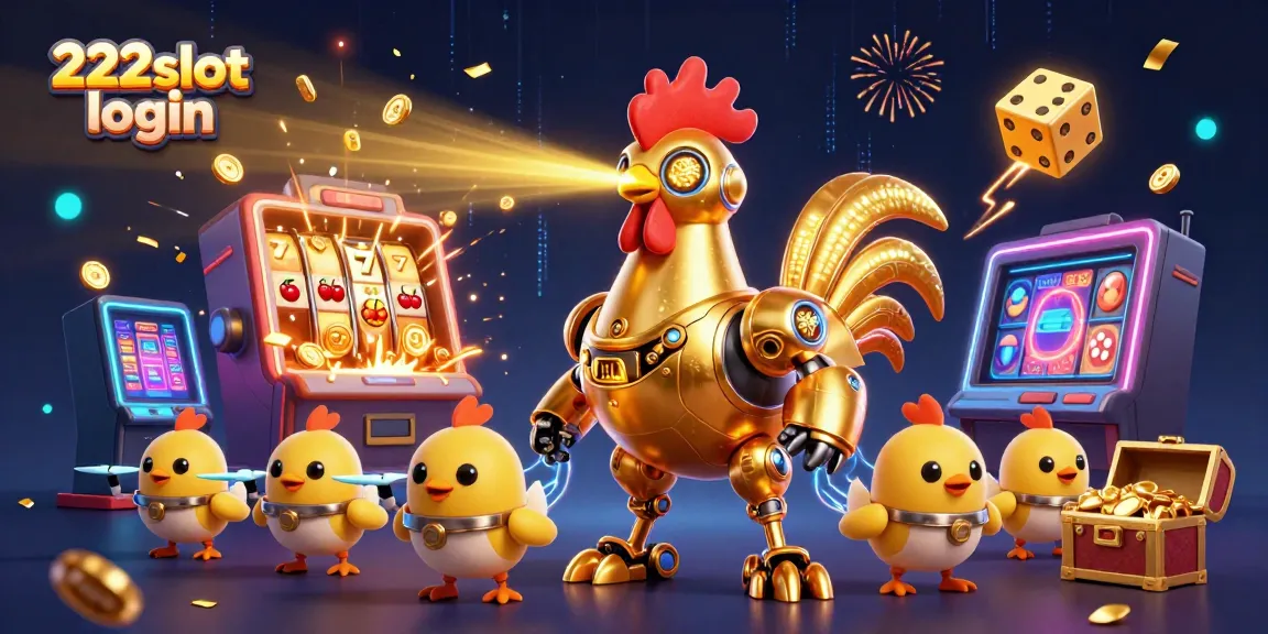 Ilustrasi 3D yang menarik untuk 222slot login, menampilkan robot ayam kencana dengan simbol slot dan harta karun.