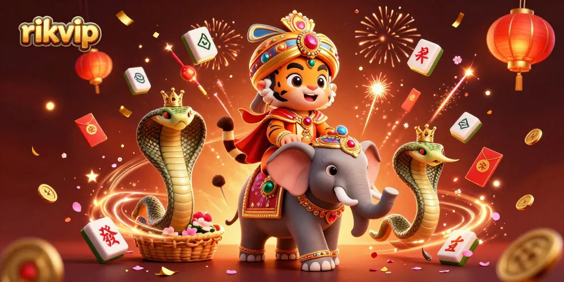 Win big at rikvip with this vibrant, 3D illustration of a tiger maharaja and casino elements.
