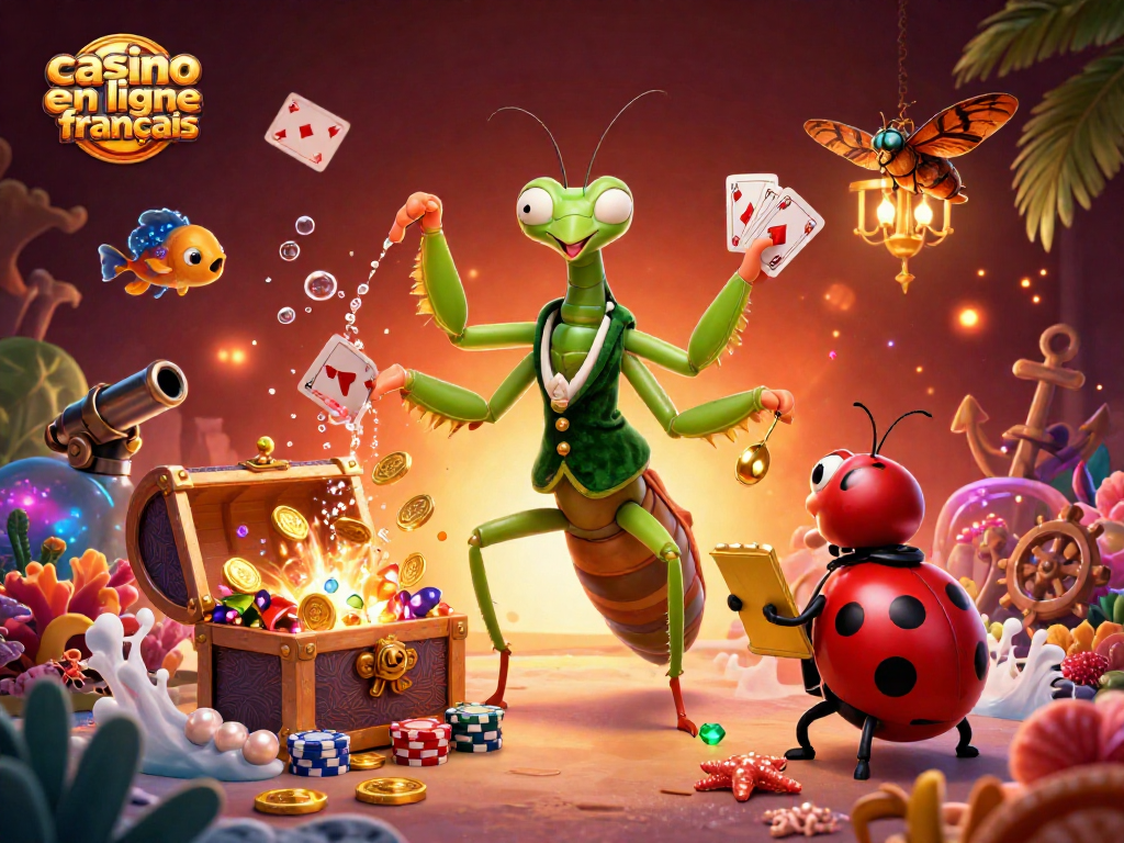 Illustration captivante de casino en ligne français avec un mante religieuse et un patron pit bull, entourés par des éléments de jeu colorés.