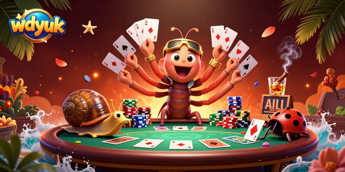 Engage with wdyuk at an exciting poker table featuring colorful chips and a whimsical dealer.