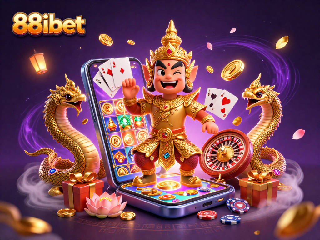 Spin the reels at 88ibet with a vibrant casino scene featuring Thai temple guardian and gaming elements.