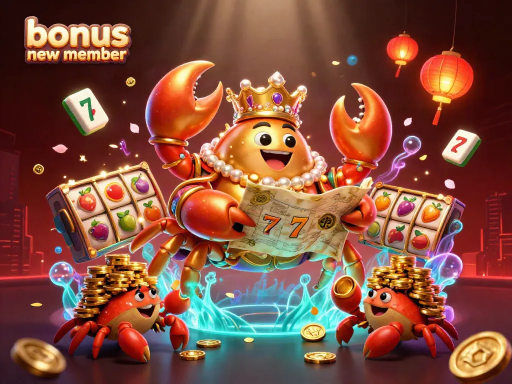 Win exciting bonuses for new players with this vibrant casino-themed illustration featuring a golden crab emperor.