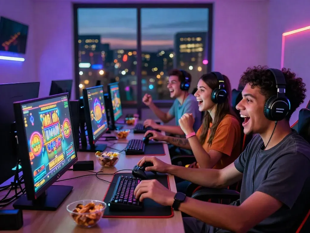 Excited friends enjoying ทดลองสล็อต games in a vibrant gaming setup with colorful lights and city view.