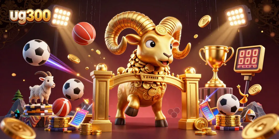 Menggoda kemenangan di taruhan olahraga bersama karakter utama ug300 dengan hiasan fantastis di sekitar koin emas dan bola olahraga.