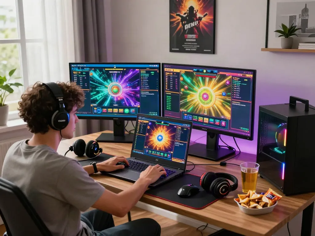 Engaging gaming experience with slot resmi displayed on multiple screens in a cozy home setup.
