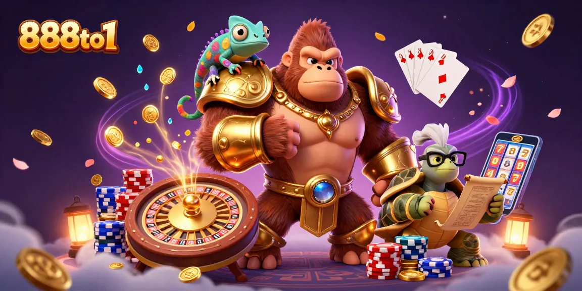 Experience thrilling gameplay at 888to1 with a powerful gorilla king, colorful gems, and a dynamic casino setting.