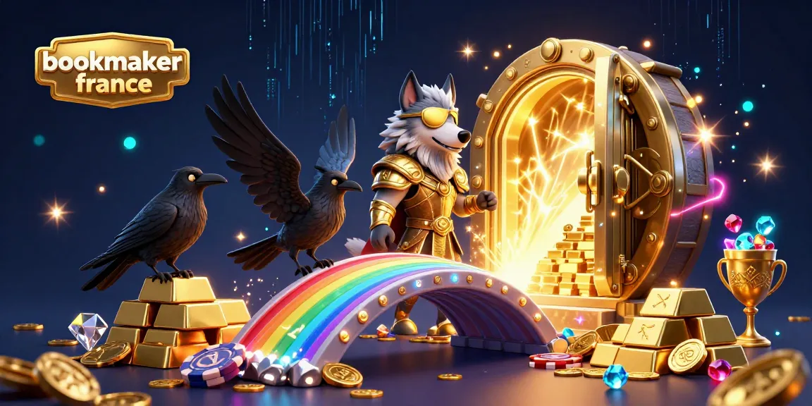 Illustration captivante avec le bookmaker France mettant en avant un loup Odin et des gemmes précieuses dans un décor de casino.