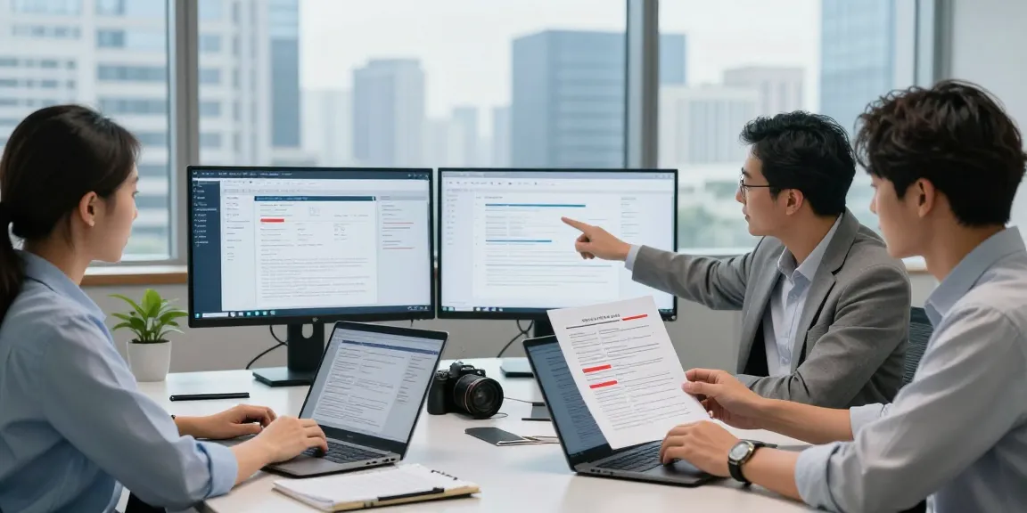 Team analyzing document fraud detection solution in a corporate office.