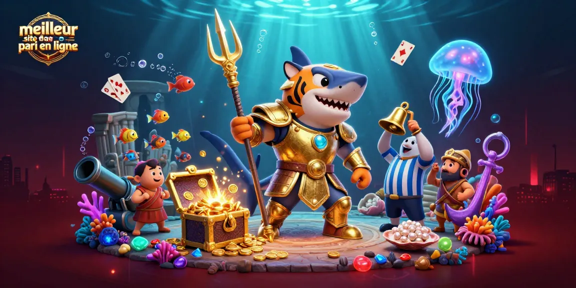 Pariez avec le meilleur site de pari en ligne tout en admirant une illustration dynamique et colorée d'un requin tigre en armure dorée dans une arène sous-marine.
