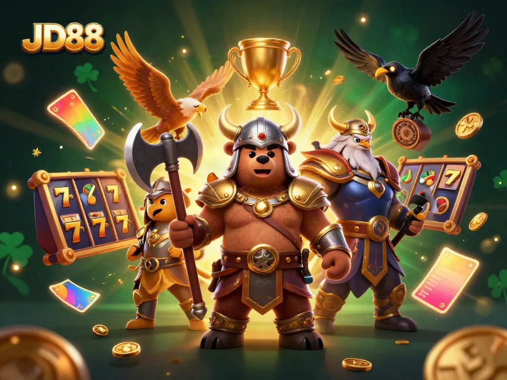 JD88 offers an exciting 3D adventure with a Viking bear and Valkyrie characters in a vibrant casino setting.