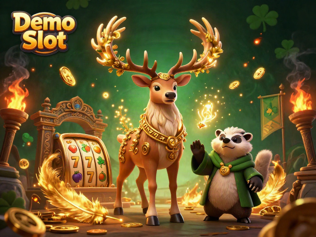 Engage with Demo Slot reels featuring Celtic characters amidst a magical casino scene.