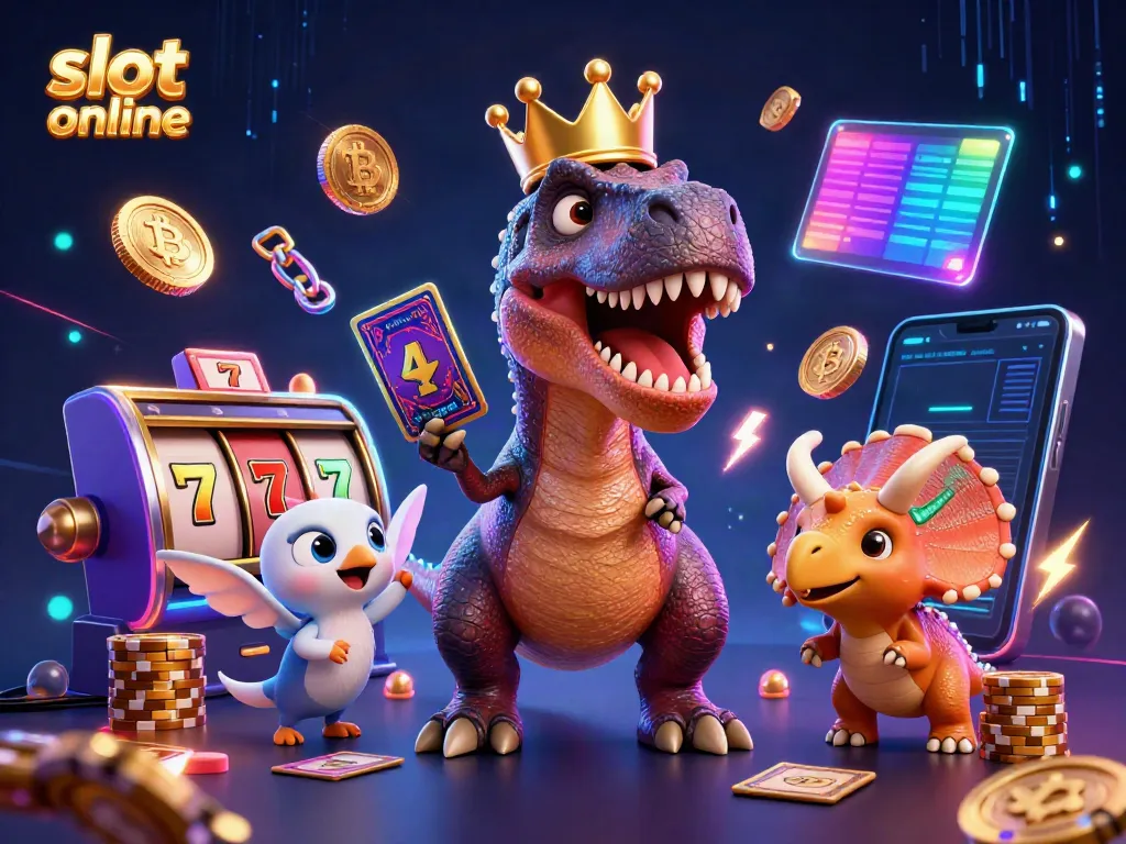 Engage in slot online adventures with neon T-Rex, pterodactyl, and triceratops in a colorful casino scene.