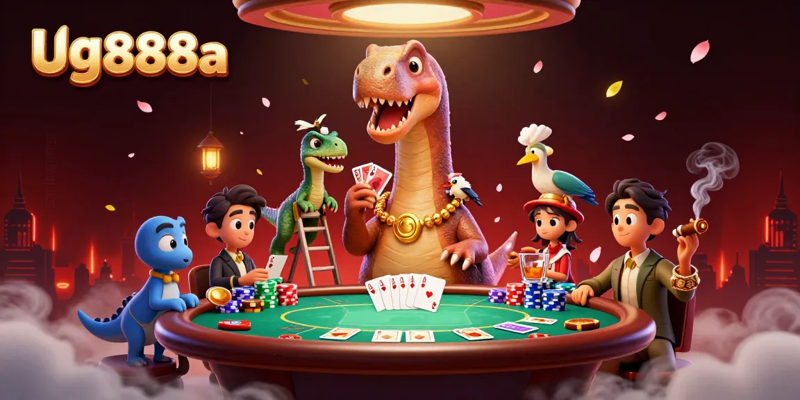 Engage in thrilling poker action with ug888a as a brontosaurus watches over a raptor dealer.