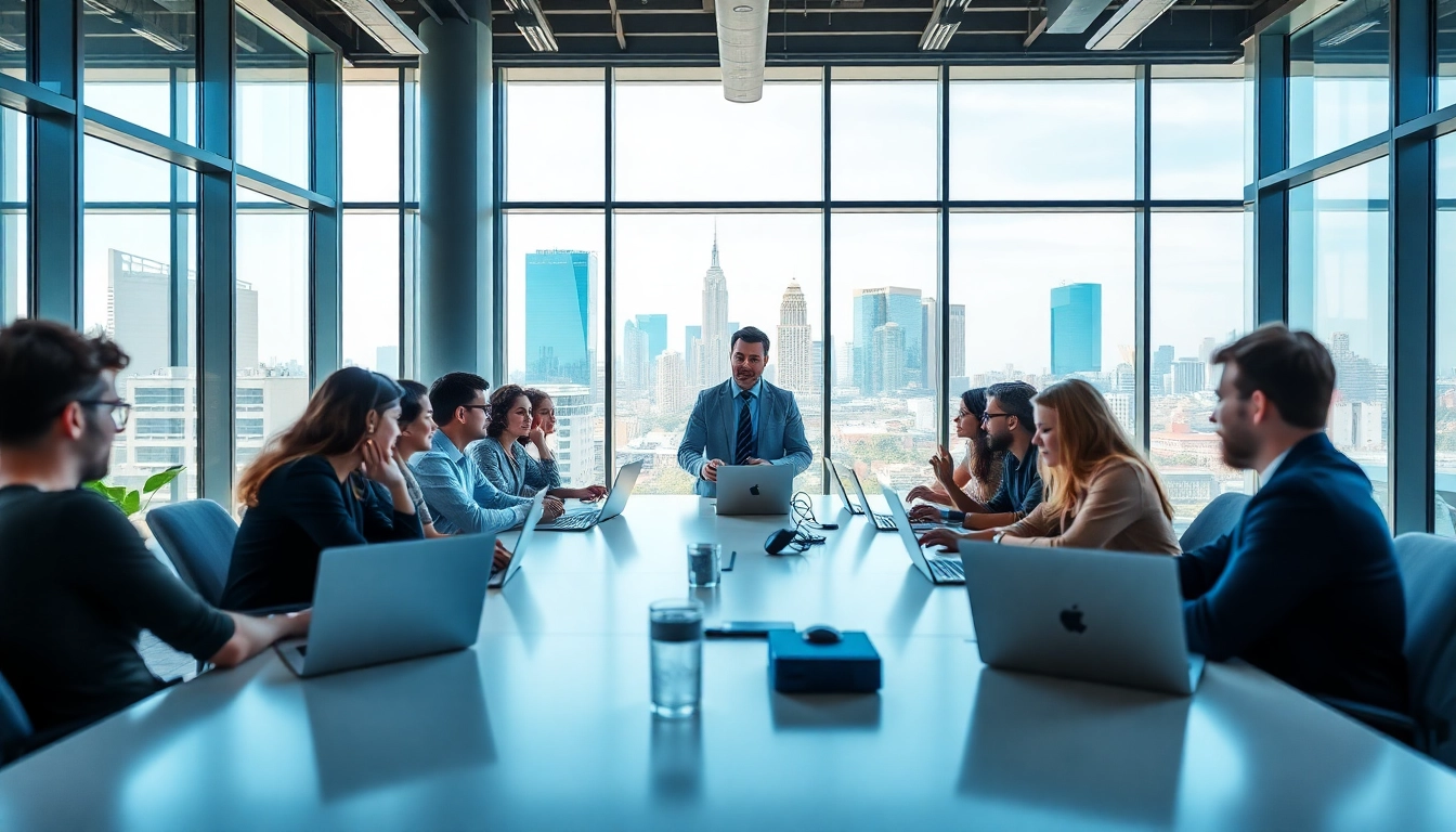 Marketing director leading a team in a collaborative office environment.