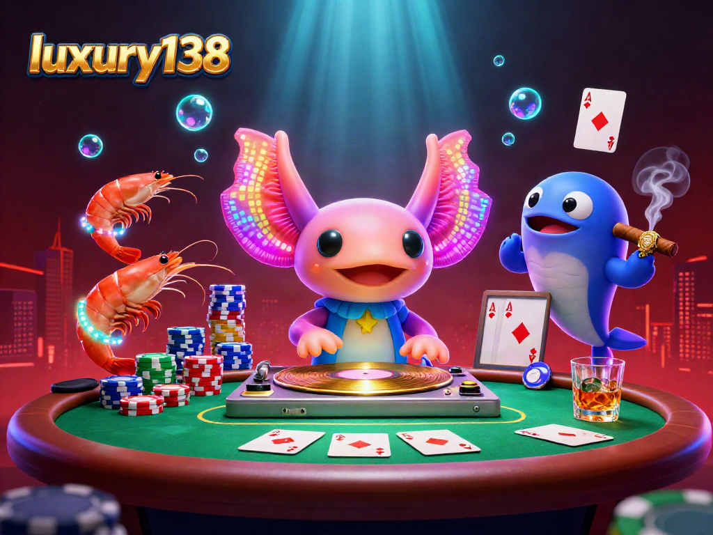 Permainan seru di luxury138 dengan DJ axolotl dan banyak chip poker berwarna.