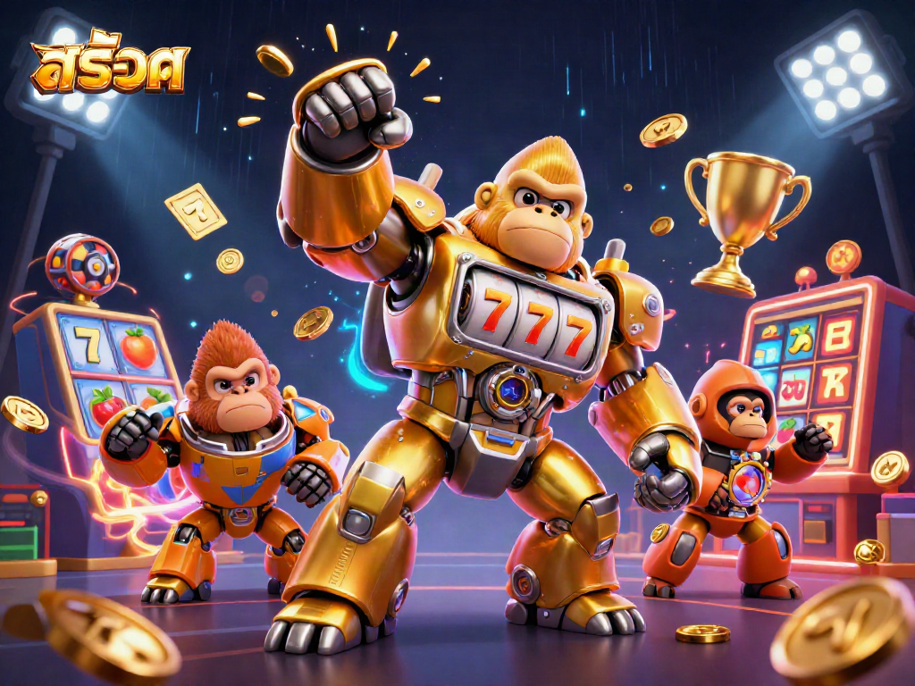 Experience สล็อต excitement with dynamic gaming action led by a golden gorilla mech!
