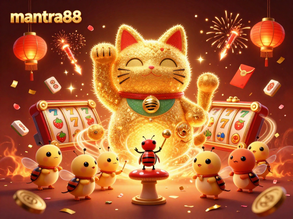 Engage with mantra88's vibrant 3D illustration showcasing a lucky cat and casino symbols.