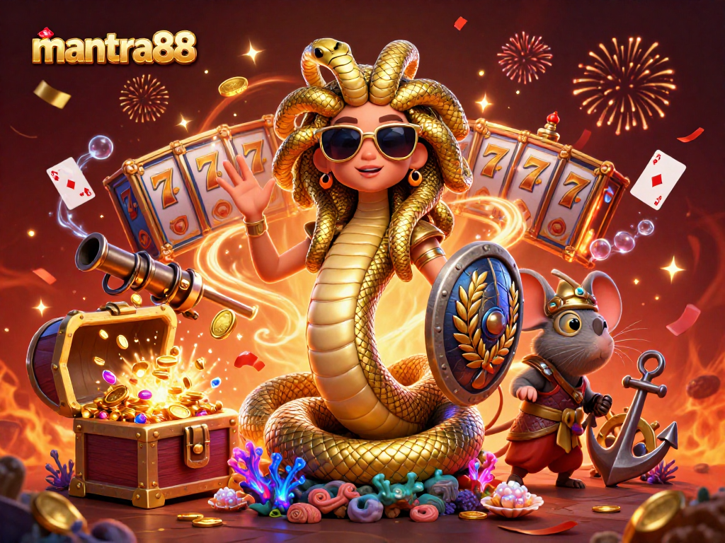 Spin the reels at mantra88 with Medusa and a brave warrior in a vibrant, lively casino scene.