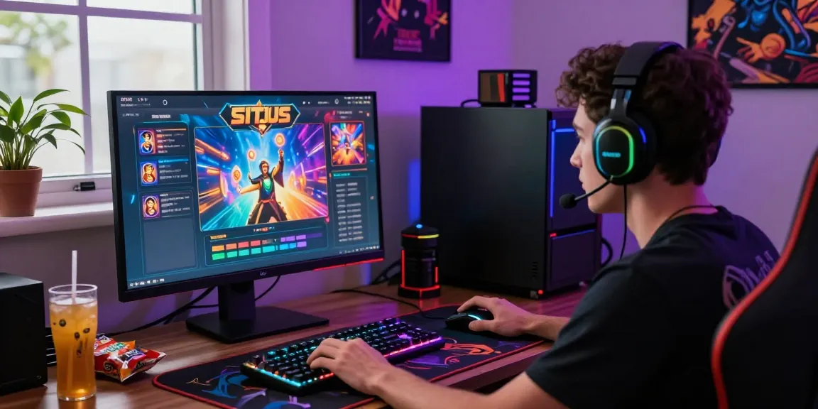 Engaged player enjoying situs slot games at a vibrant gaming setup with RGB lights