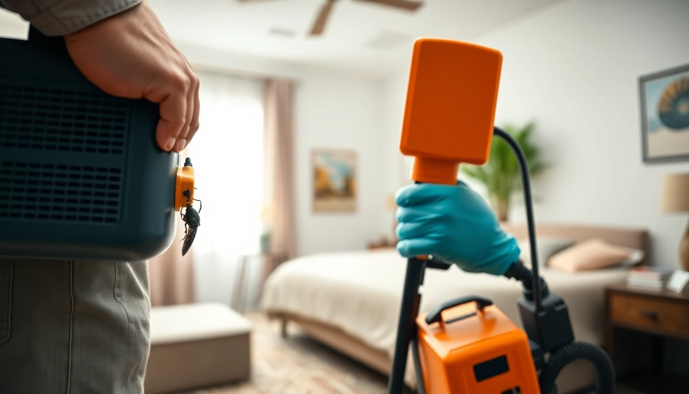 Technician performing bed bug heat treatment in a clean home environment.