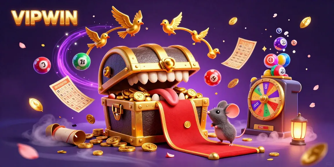 Experience VIPWIN's excitement as adventurer mice approach a golden treasure chest surrounded by lottery and gaming elements.