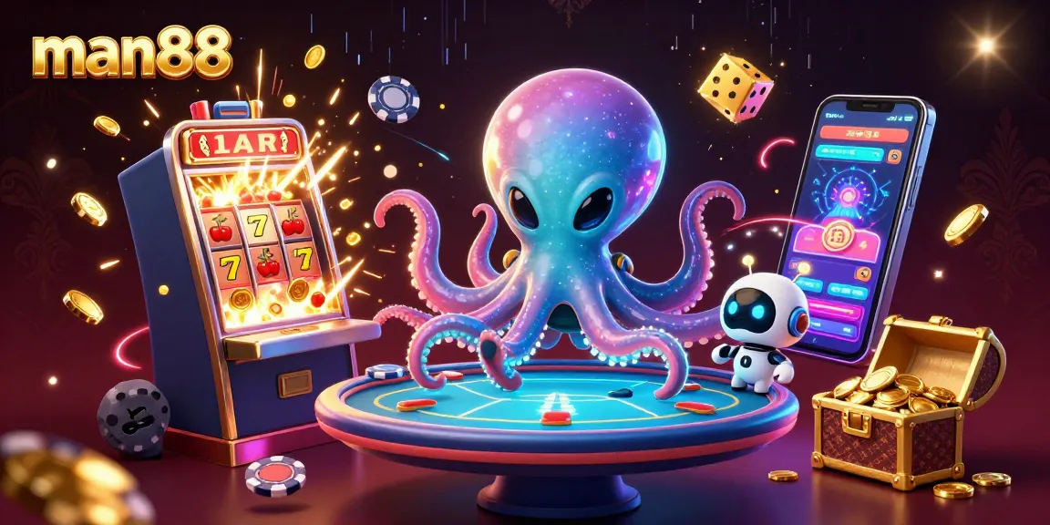 Join the fun at man88 with an alien octopus gaming at a holographic poker table amidst vibrant casino elements.