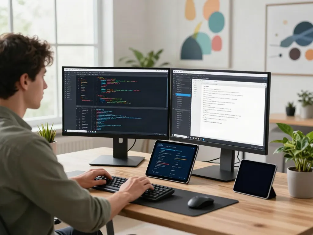 Developer coding with brave浏览器 on dual monitors in a vibrant workspace