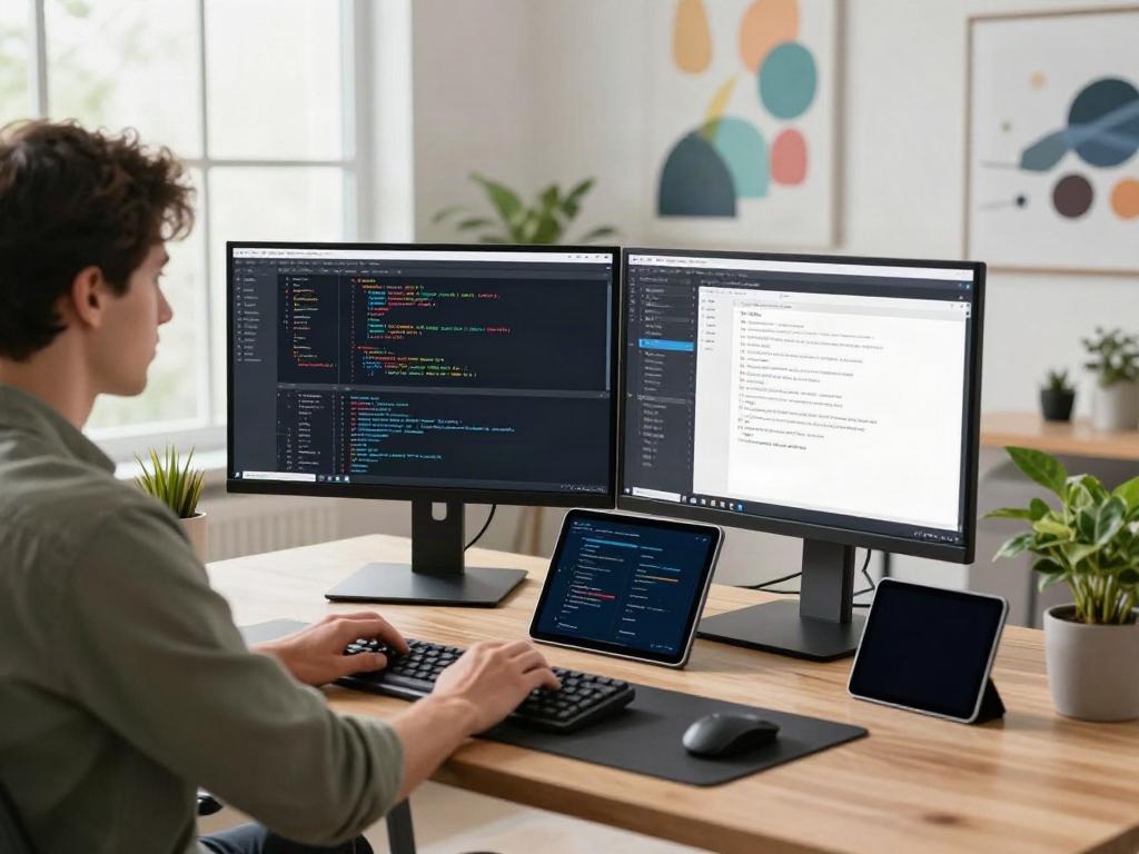 Developer coding with brave浏览器 on dual monitors in a vibrant workspace