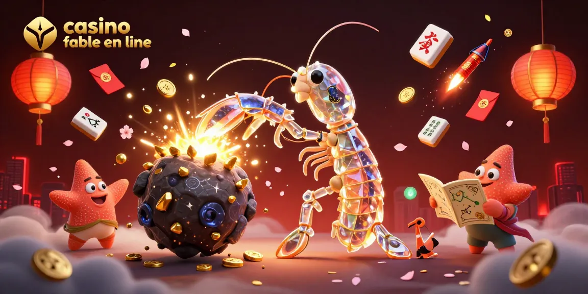 Jouez au casino fiable en ligne avec l'illustration dynamique de personnages, pièces d'or et éléments festifs.