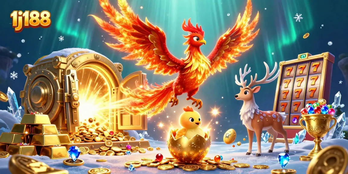 Experience thrilling gameplay with 1j188 in this vibrant casino scene featuring phoenixes and treasures.