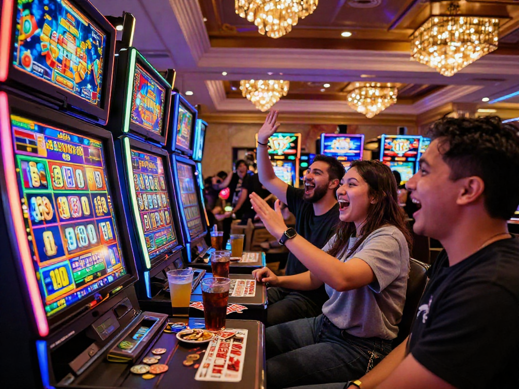Exciting scene of friends cheering at a situs judi slot online jackpot in a colorful casino.