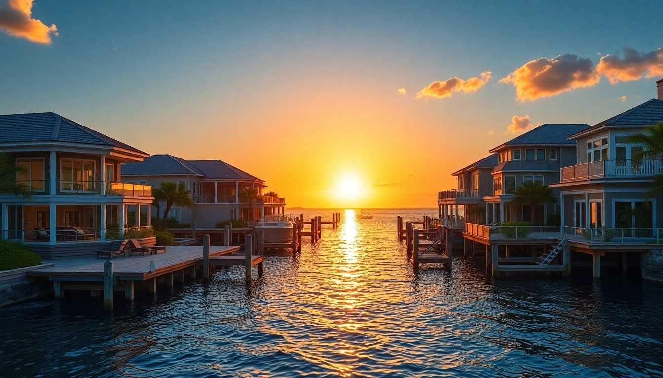 View of bay front homes Pensacola overlooking serene waters and sunset.