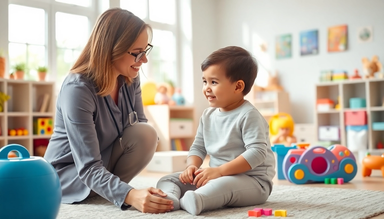 What is ABA therapy session showing a therapist engaging with a child in a bright room dedicated to learning.