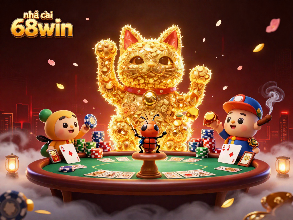Engage with house of 68win, a vibrant lucky cat in golden fireflies representing casino games.