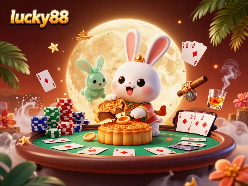 Experience excitement with lucky88 as lunar rabbits reveal jackpot chips amidst vibrant casino elements.