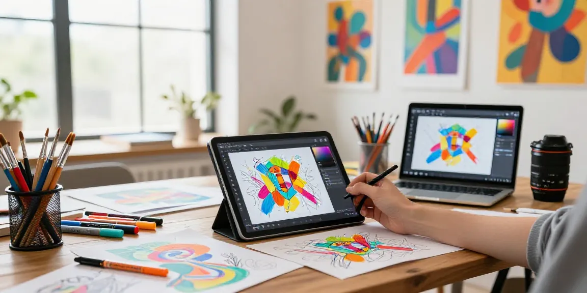 Artist utilizing an online AI concept art generator in a colorful art studio.